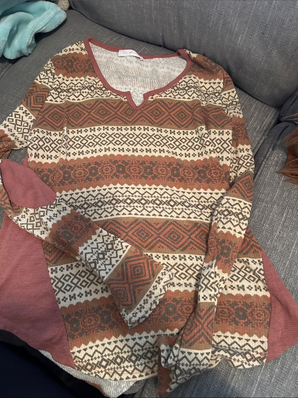Ces Femme Long Sleeve Patterned Knit Top in Rust and Cream
